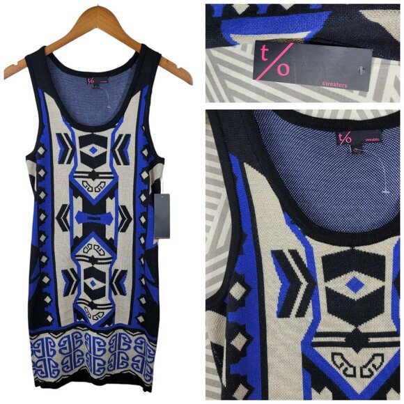 NEW TO Sweater Dress size Small Knit Black Blue Geometric party Sleeveless - Picture 1 of 7